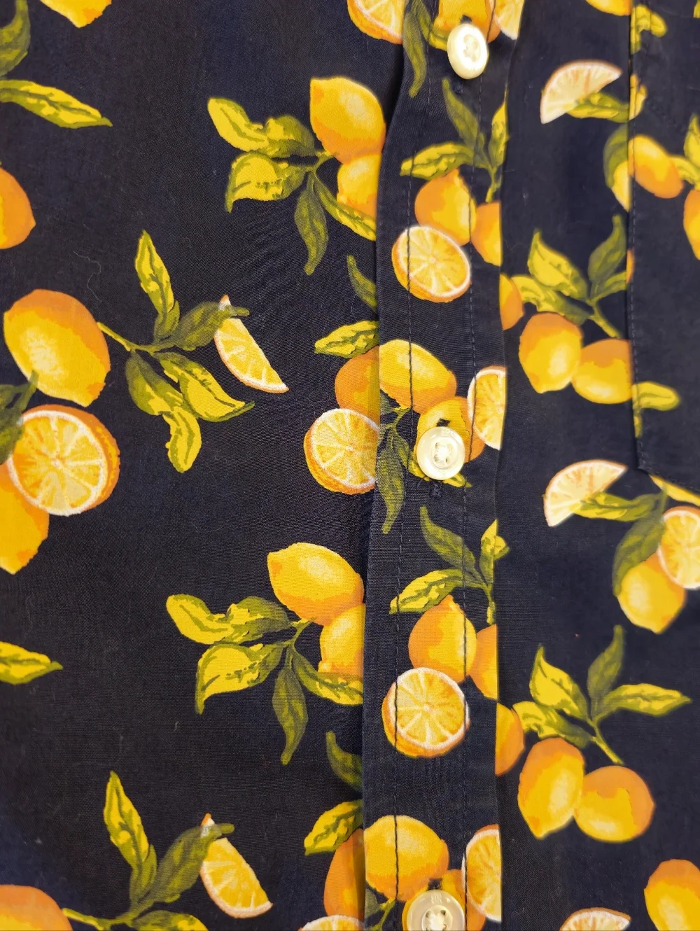 Banana Republic Short-Sleeve Navy Lemon Print Shirt Luxe Stretch Poplin Size L